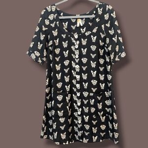 Anthropologie Black Dog Print 100% Silk Short Sleeve Button-Up Mini Slip Dress